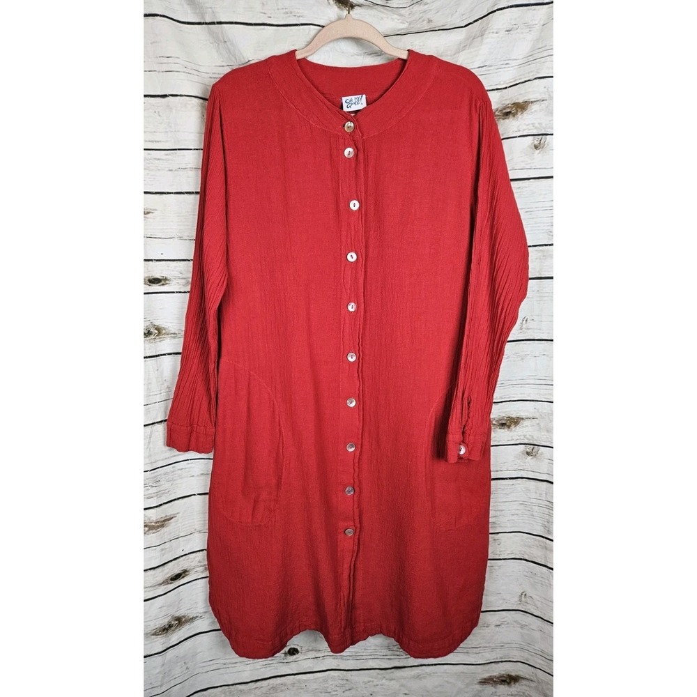 Oh My Gauze Red Crinkle Gauze Shirt Dress 1 S/M 100% Cotton Button Midi Pockets
